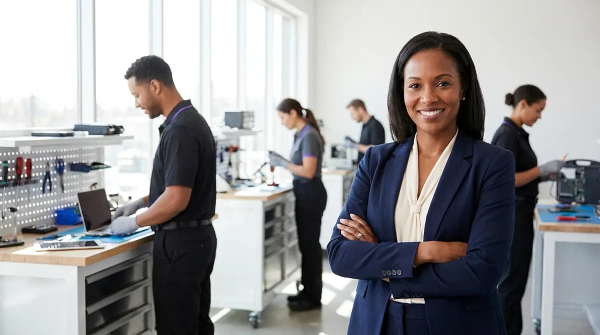 Service-business owner standing confidently in a bright shop while her team works behind her
