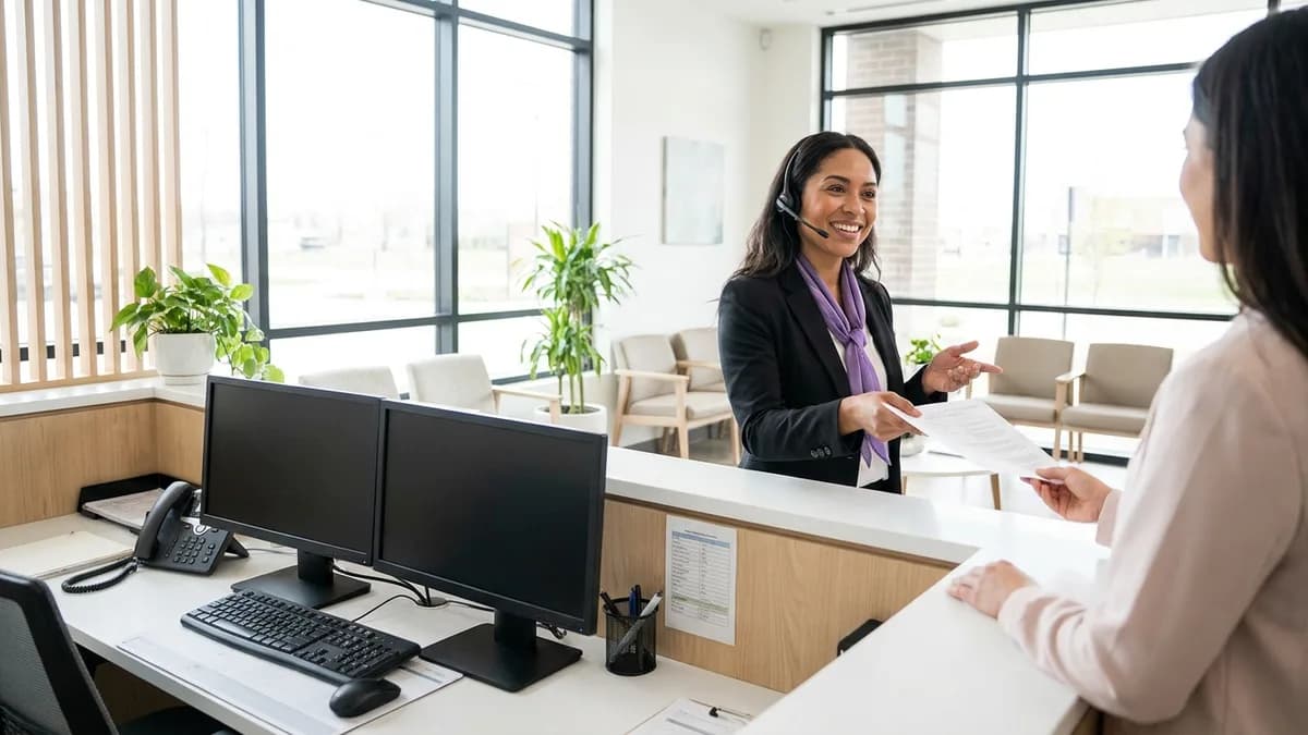 Clinic front-desk receptionist with a headset helping a patient at a bright reception counter