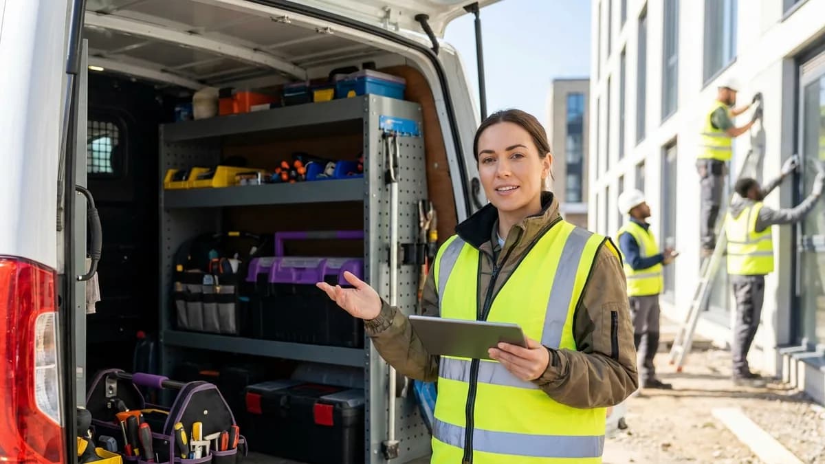 Contractor in a hi-vis vest with a tablet at the back of a stocked work van on site