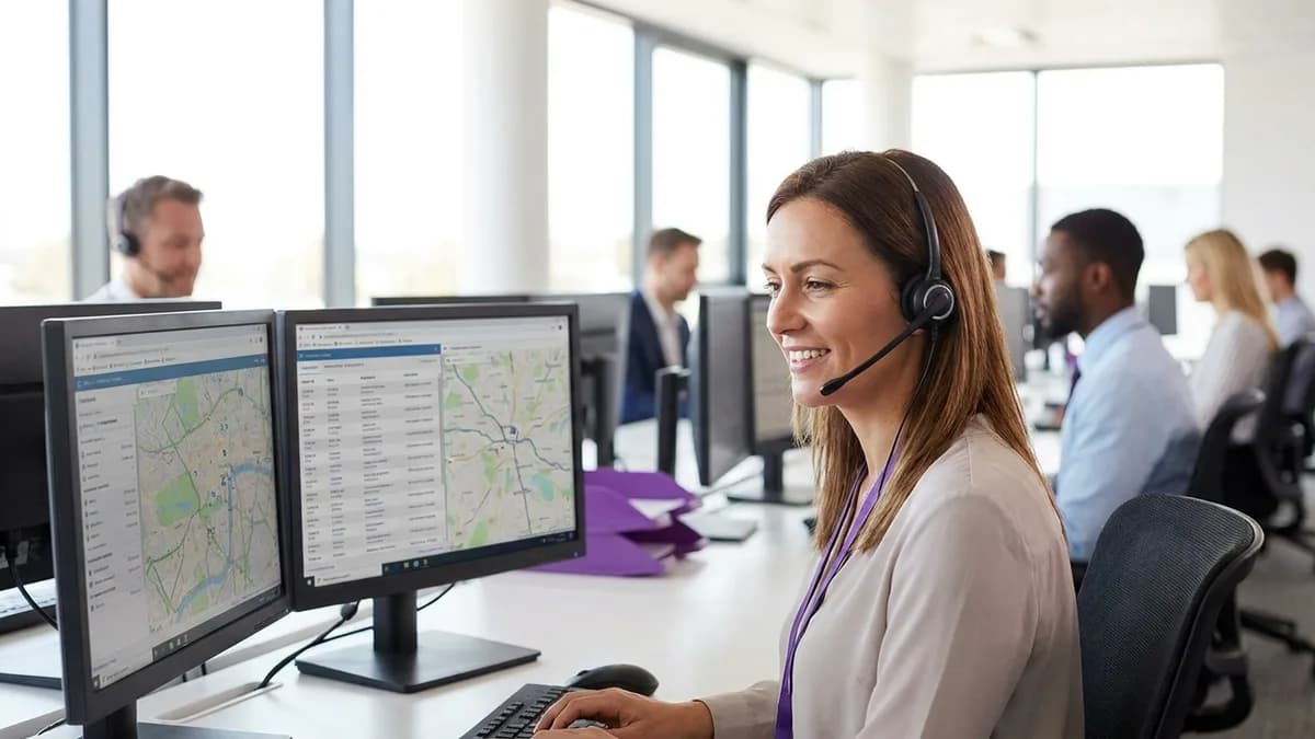 Dispatcher with a headset working a map and job board at a bright service desk