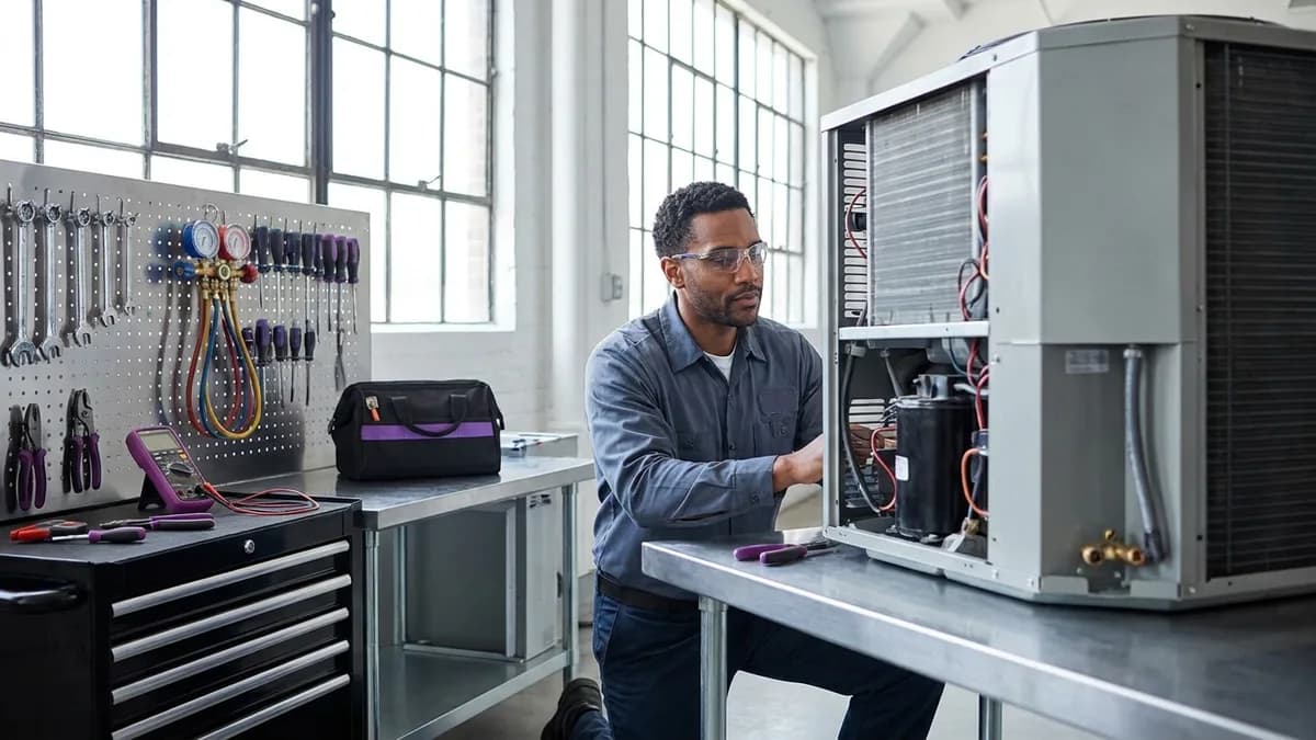 HVAC technician servicing a heat-pump unit at a bright workshop bench