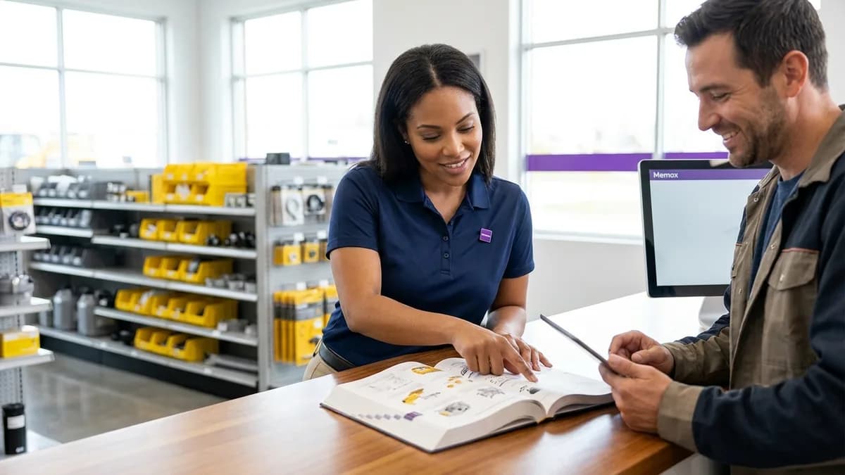 Parts-counter rep helping a customer look up a part in a bright dealership counter