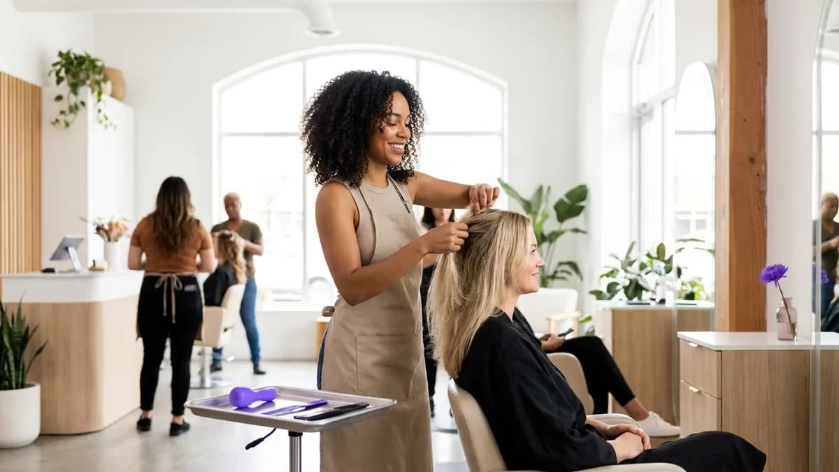 Salon owner styling a client in a bright, airy studio