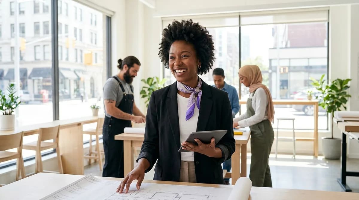 Small-business owner smiling with a tablet while her team works behind her in a bright studio