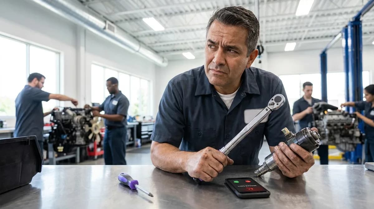 Busy auto-shop owner working at his bench, unable to get to the phone ringing beside him