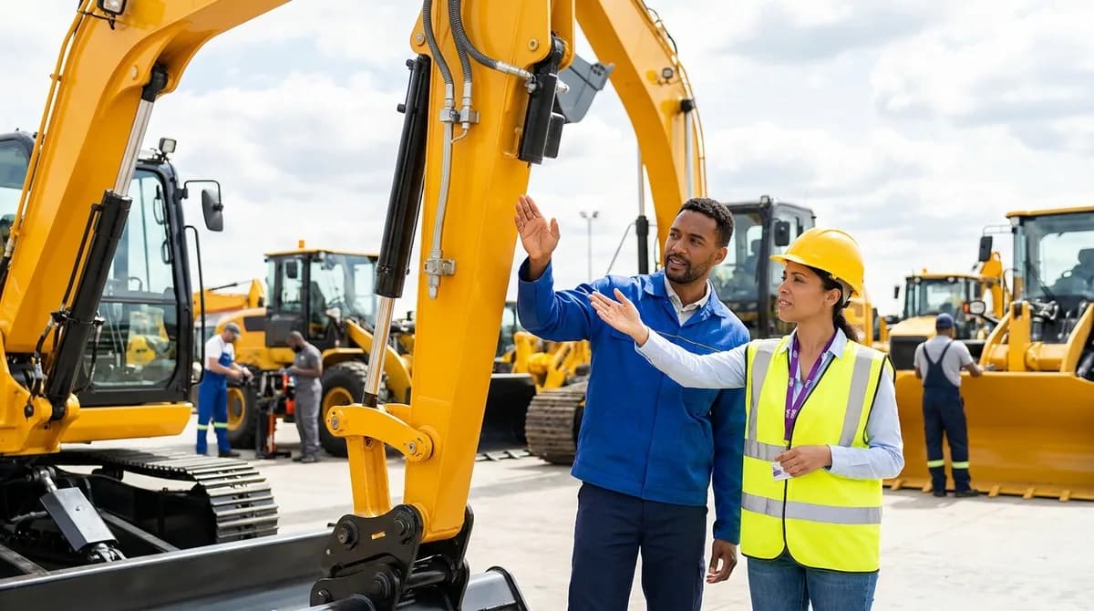 Heavy equipment dealer walking a customer through an excavator in a bright machinery yard