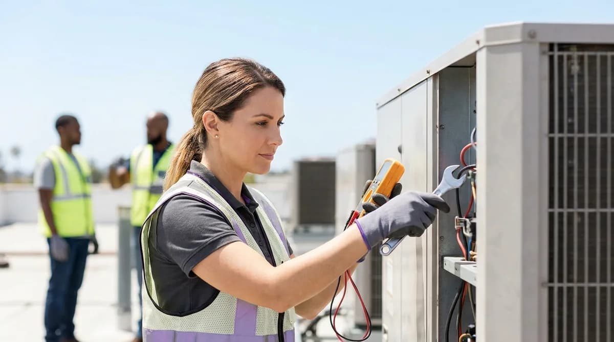 HVAC technician servicing a rooftop condenser unit in bright daylight