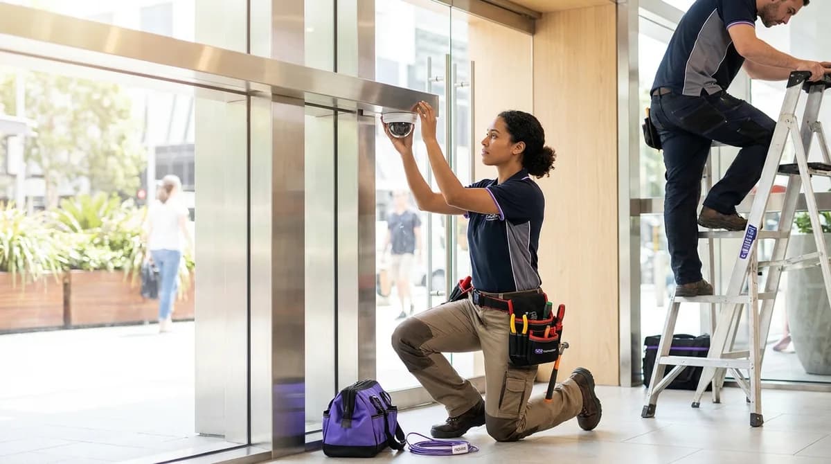 Security installer mounting a camera at the entrance of a bright commercial building