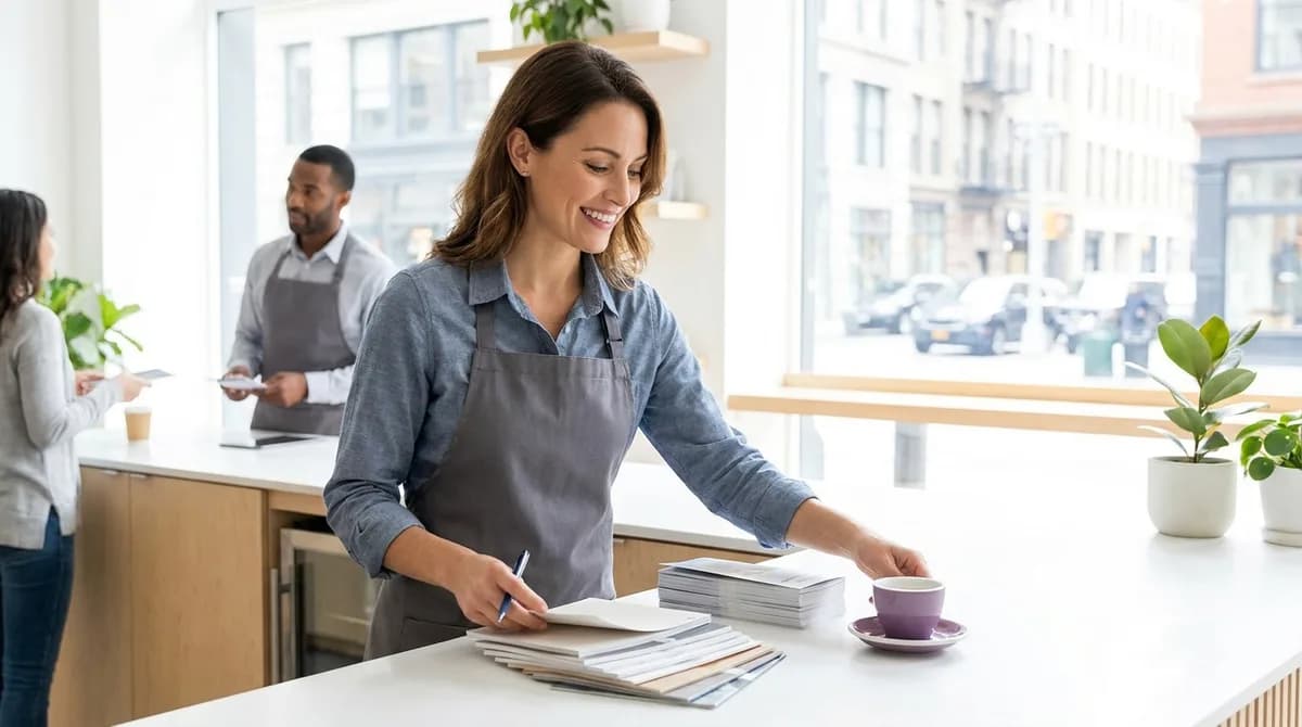 Service-desk owner taking notes at a bright storefront counter