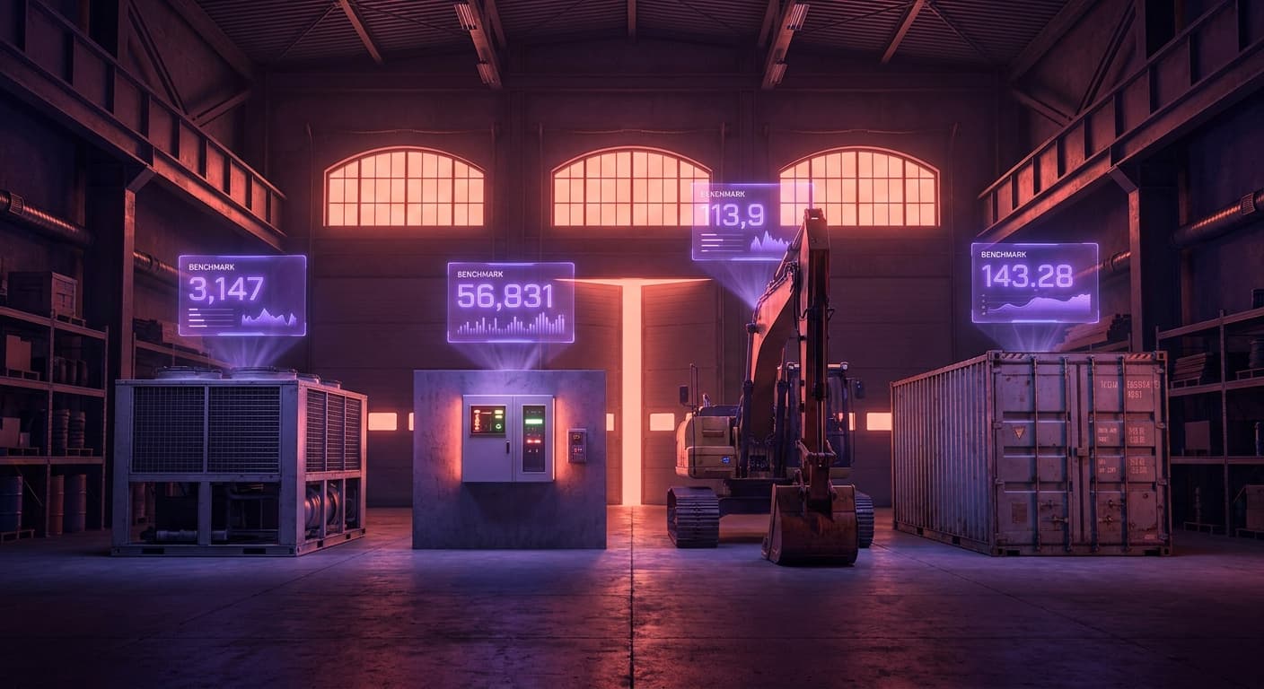 Four equipment types side by side in a warehouse — HVAC unit, security panel, heavy excavator, and shipping container — each with holographic benchmark data above