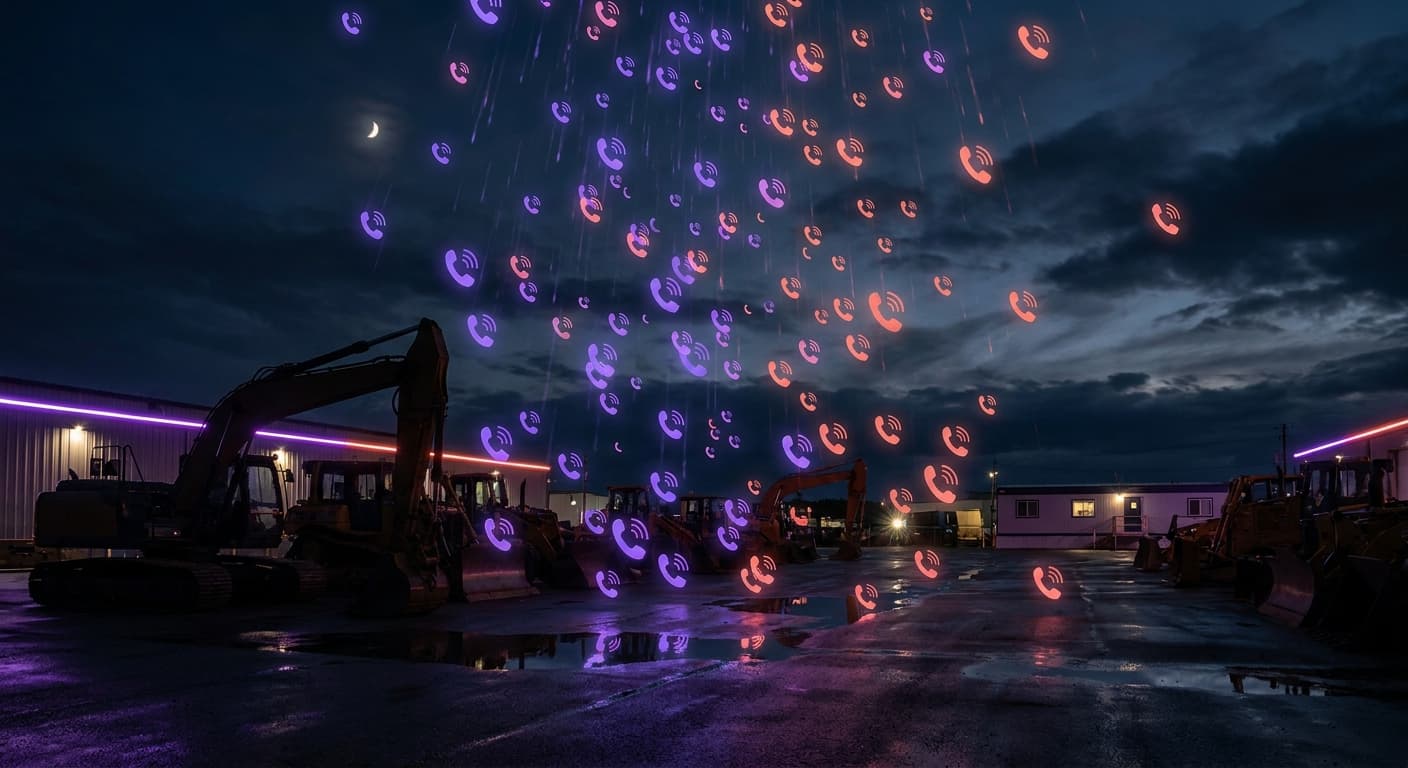 Equipment dealer lot at night with glowing phone call icons raining down on machinery silhouettes — visualizing after-hours lead volume