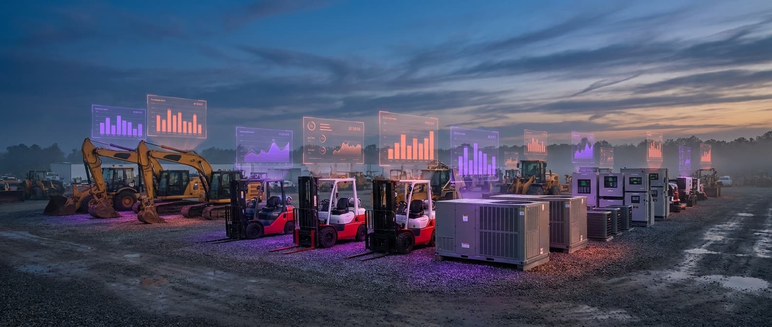 Equipment dealer lot at twilight with holographic lead response benchmark data overlays floating above rows of HVAC, security, and heavy equipment