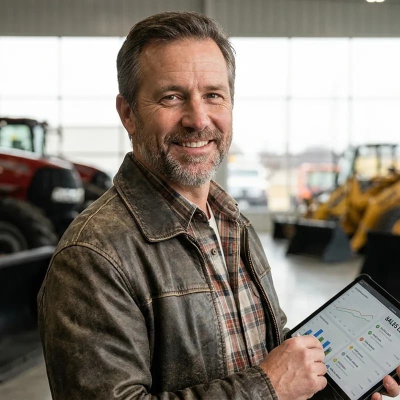 Equipment dealer owner reviewing AI-captured leads on his laptop, smiling at results