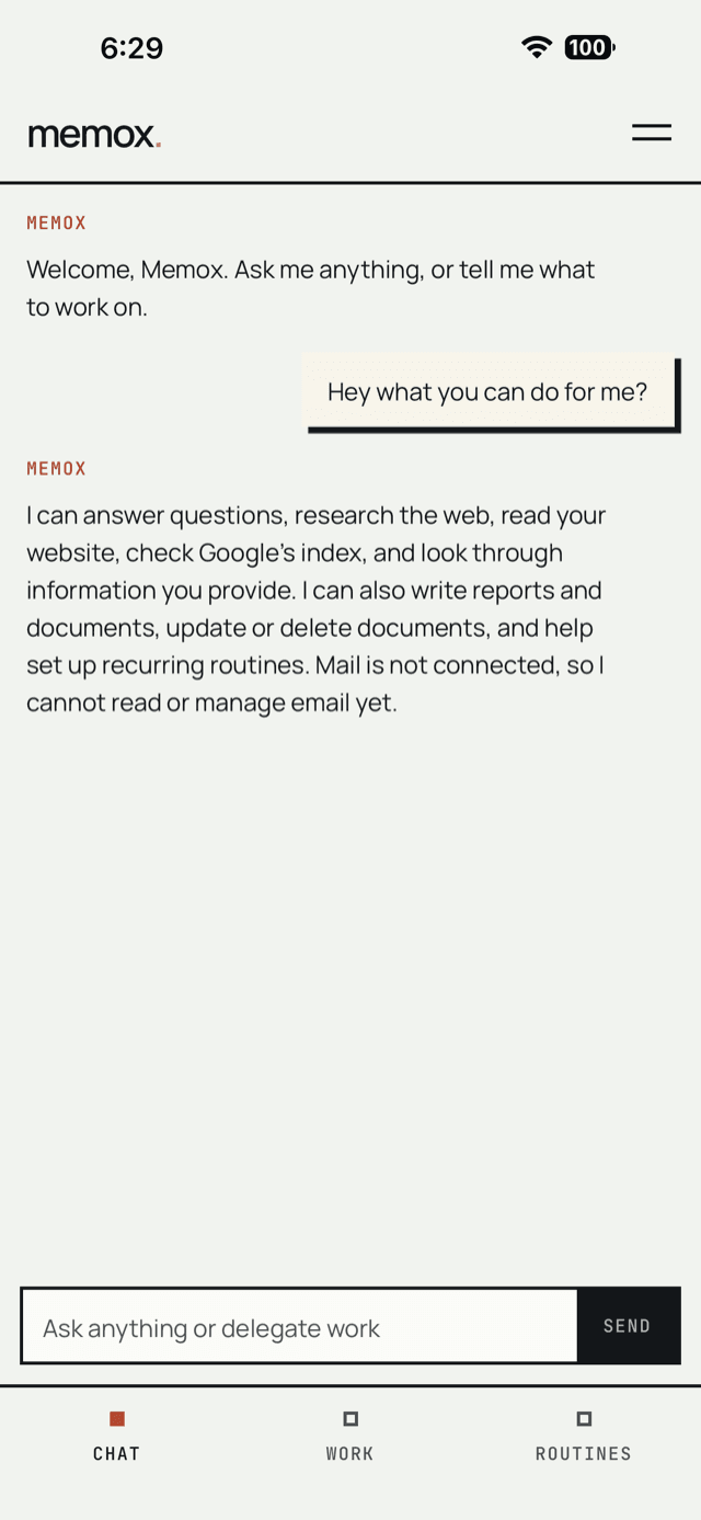 Memox app Chat tab: ask anything or delegate work