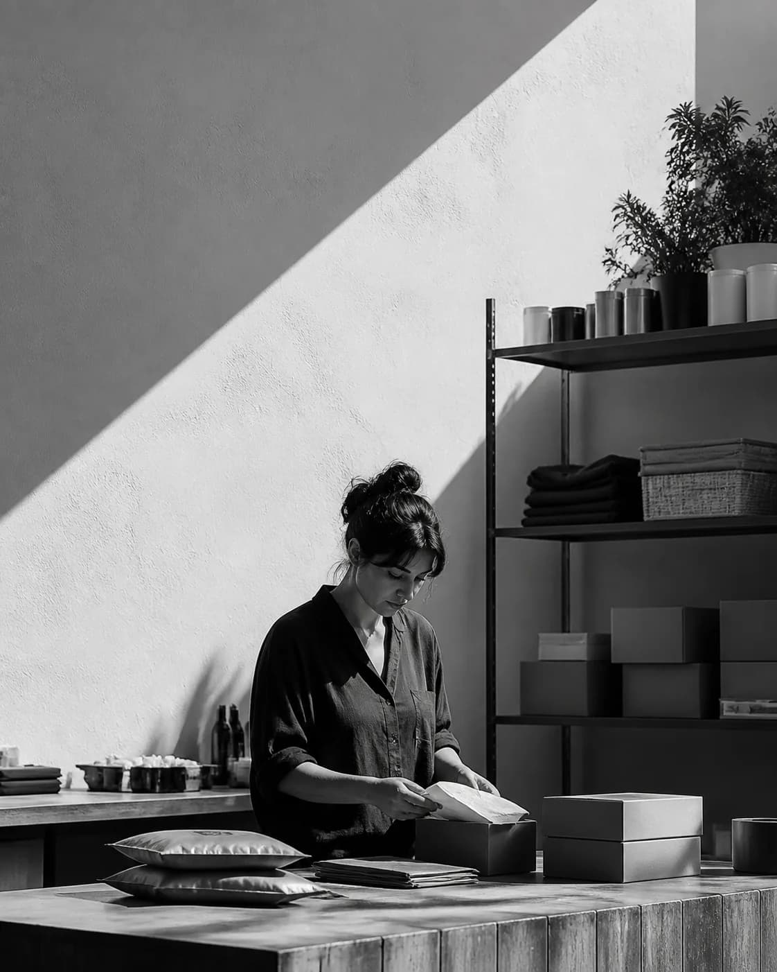 Business owner reviews orders in a sunlit stockroom