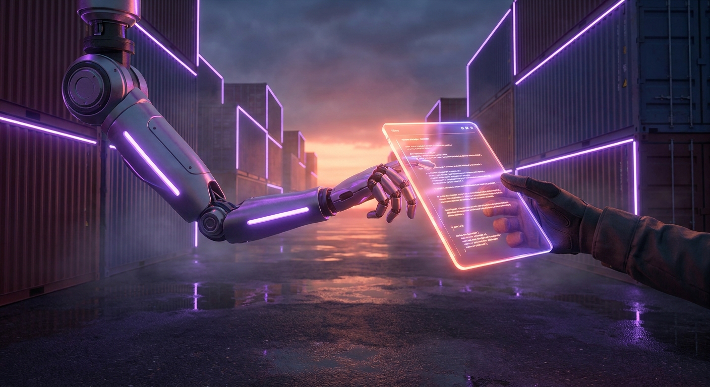 Robotic arm handing a glowing lead summary to a human in a container yard at dusk
