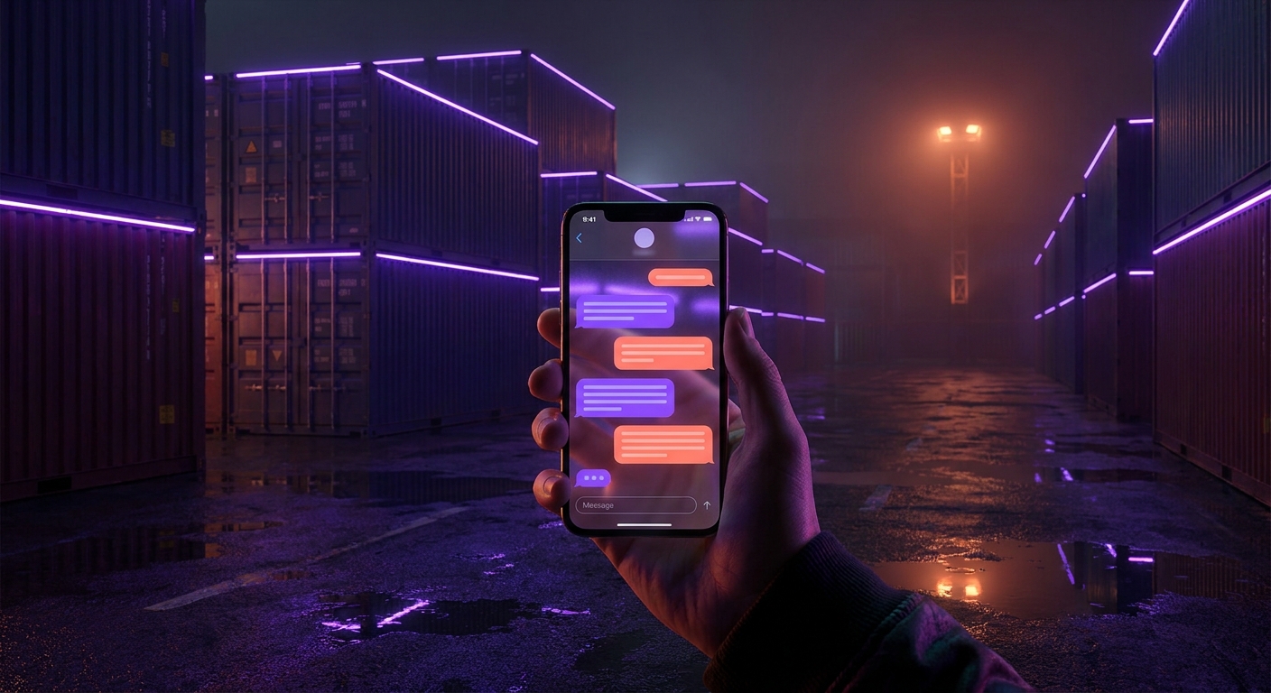 AI chat interface glowing purple and coral on a smartphone in a dark container yard at night